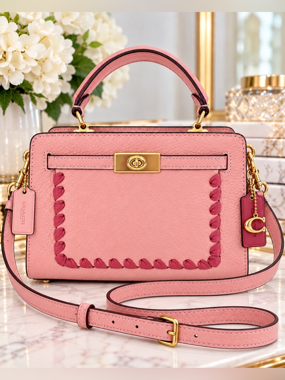 Coach CA077 Mini Lane Top Handle Whipstitch Pink Multicolor Leather Satchel